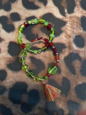 Hand Crafted Green & Red Beaded Tassel Bracelet Set